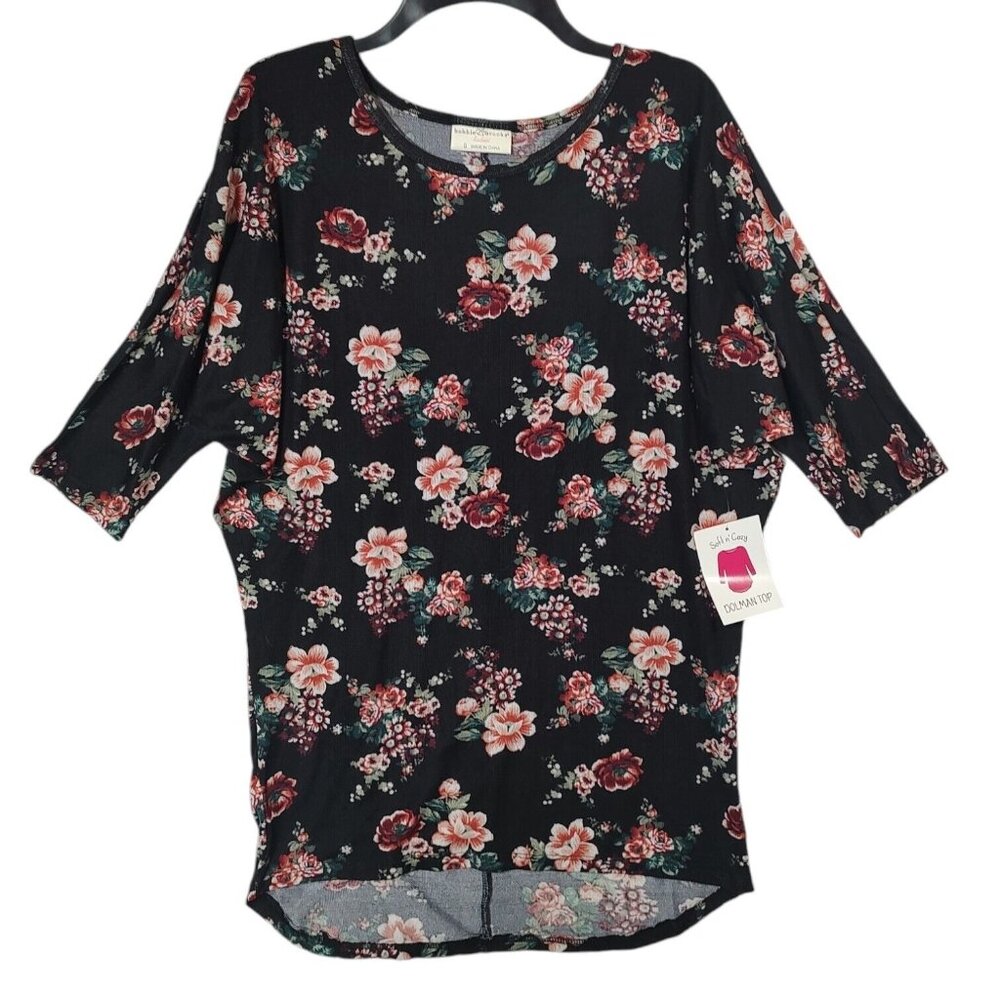 Bobbie Brooks Women’s Black Floral 3/4 Dolman Sleeve Top Small